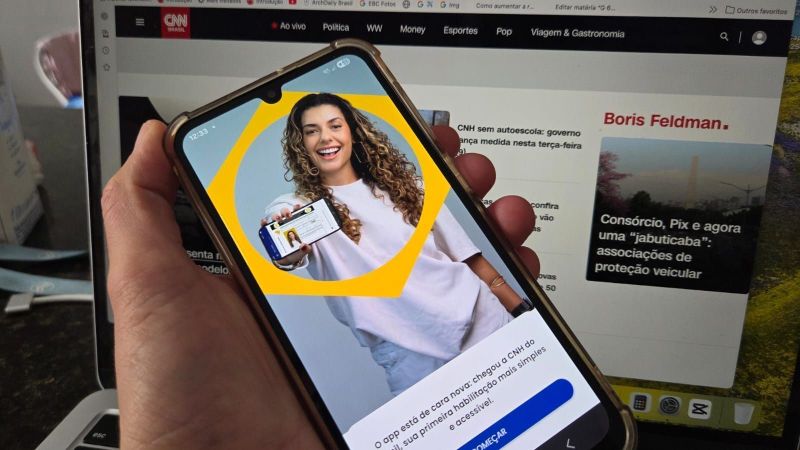 Smartphone screen showing the CNH do Brasil app onboarding page, featuring a woman holding a digital driver's license card